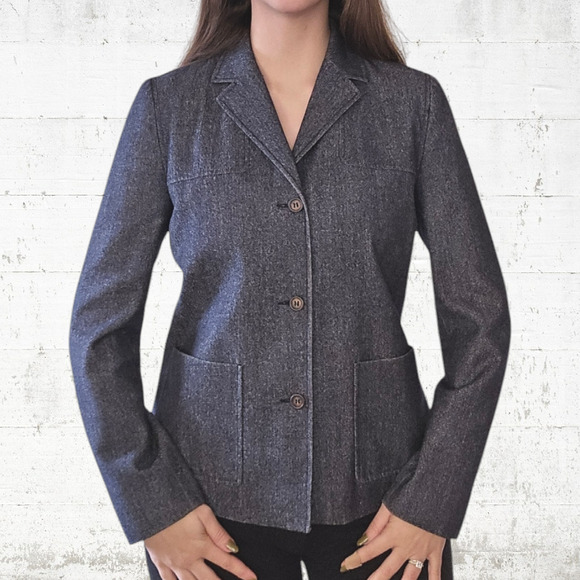 90s Vintage Michael Kors Navy Wool Blend Chambray Single Breasted Jacket Size 8 - Picture 2 of 10